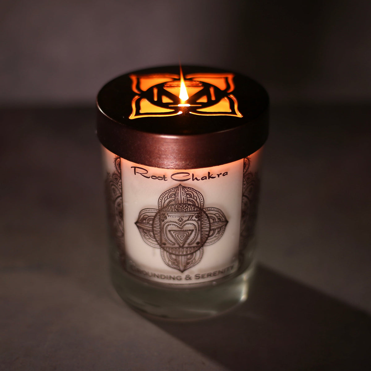 Soy Candle for Chakra Meditation Scented with Essential Oils | Root Chakra Muladhara | Sandalwood | Grounding and Serenity - 10.5oz - Wholesale and Retail Prabhuji's Gifts   - Mystic Journey Path