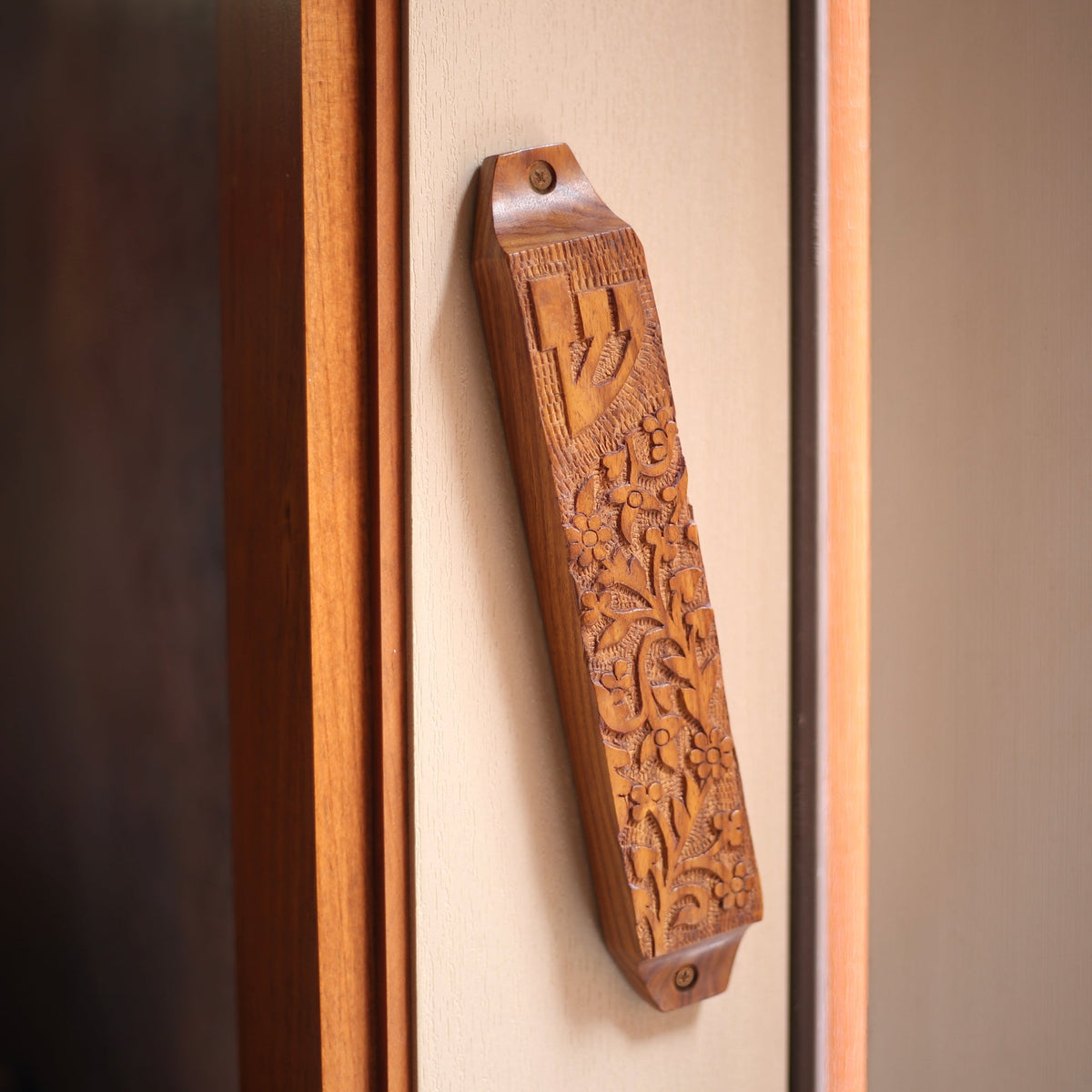 Prabhuji Decor - Wooden Mezuzah Case 9"x1.5" Garden  - Mystic Journey Path