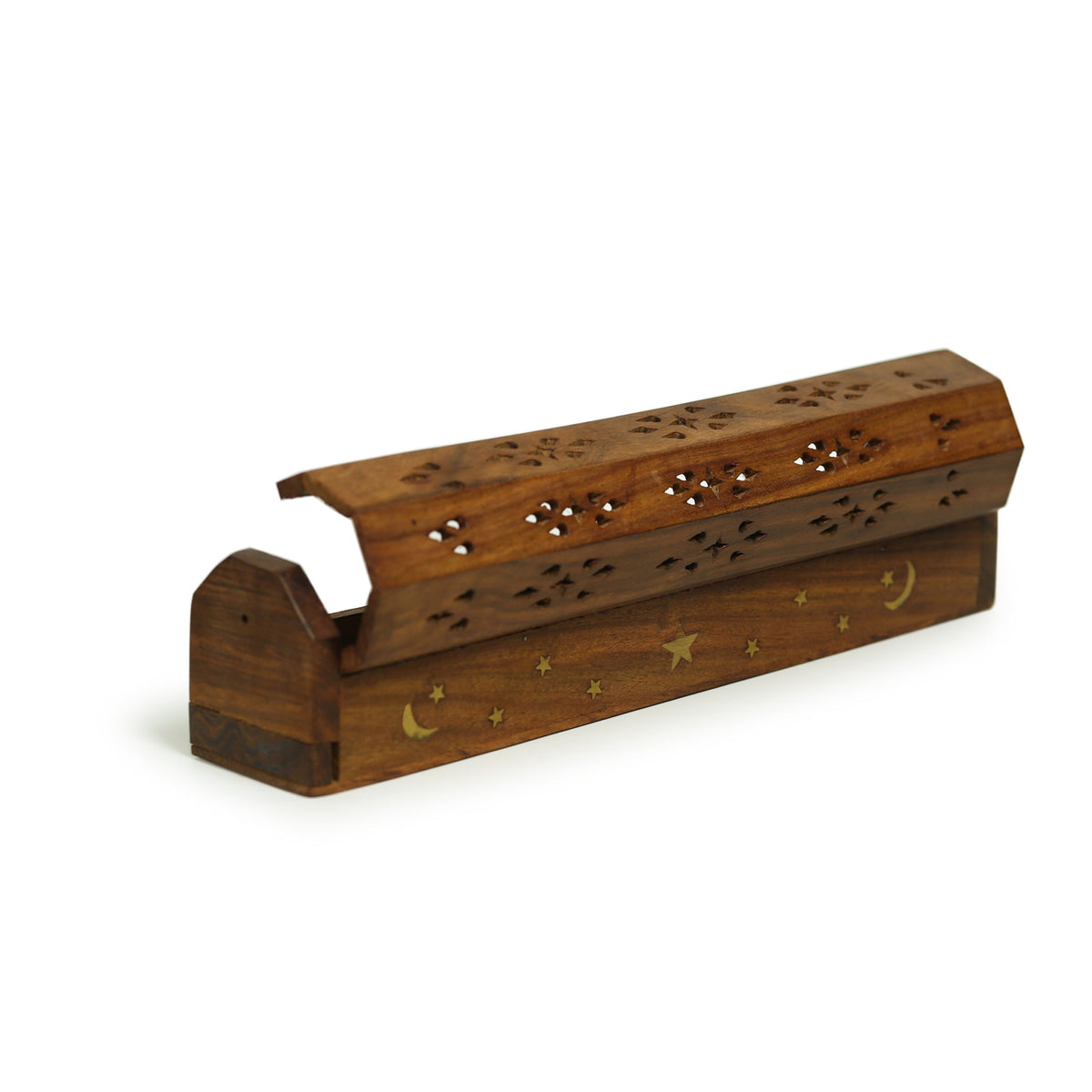 Prabhuji Incense Burner - Wooden Box with Storage - Moon and Star - Mystic Journey Path