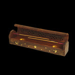Prabhuji Incense Burner - Wooden Box with Storage - Moon and Star - Mystic Journey Path