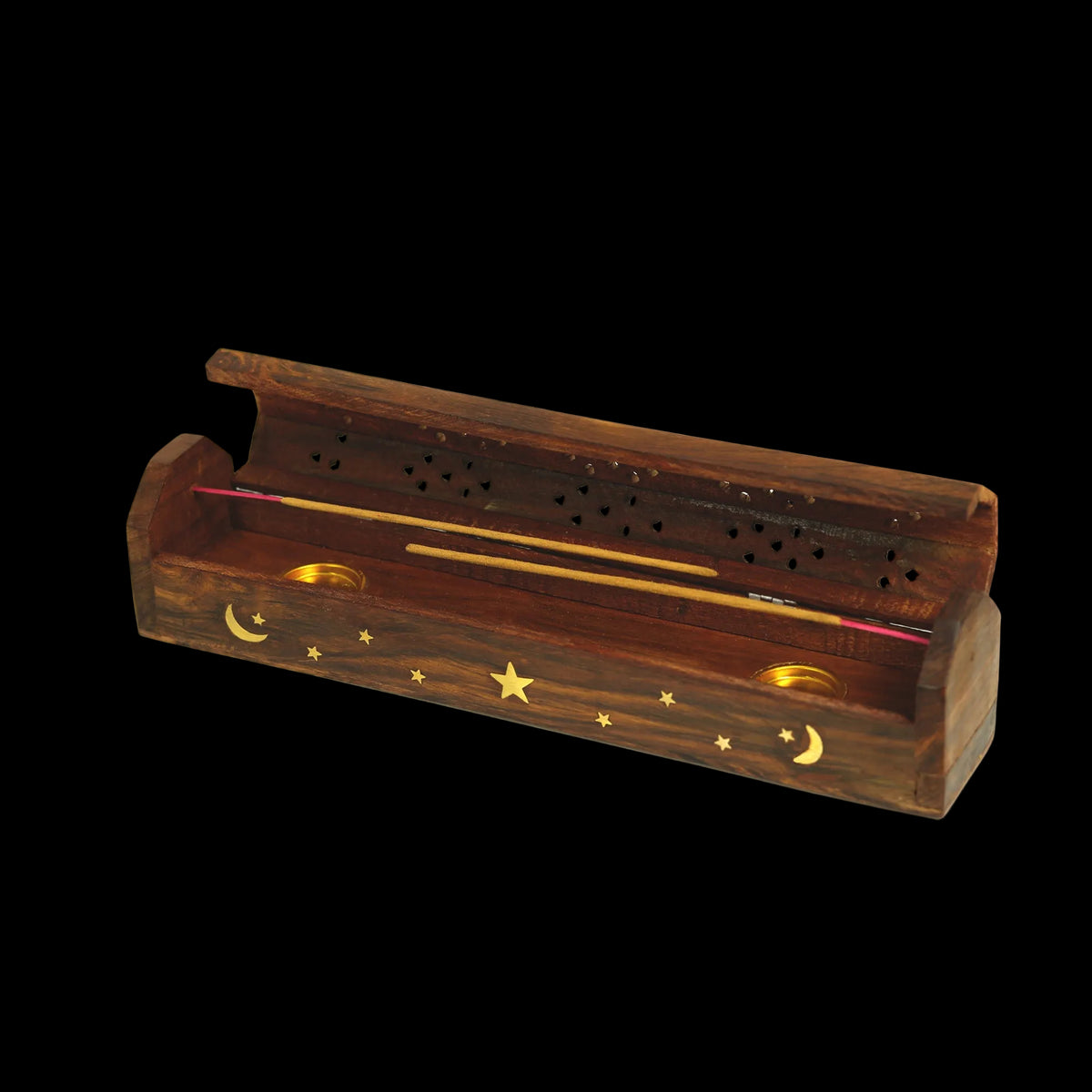 Prabhuji Incense Burner - Wooden Box with Storage - Moon and Star - Mystic Journey Path