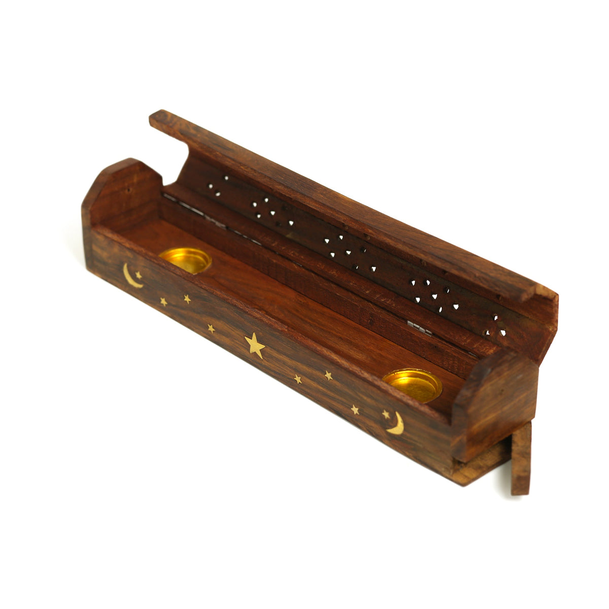 Prabhuji Incense Burner - Wooden Box with Storage - Moon and Star - Mystic Journey Path