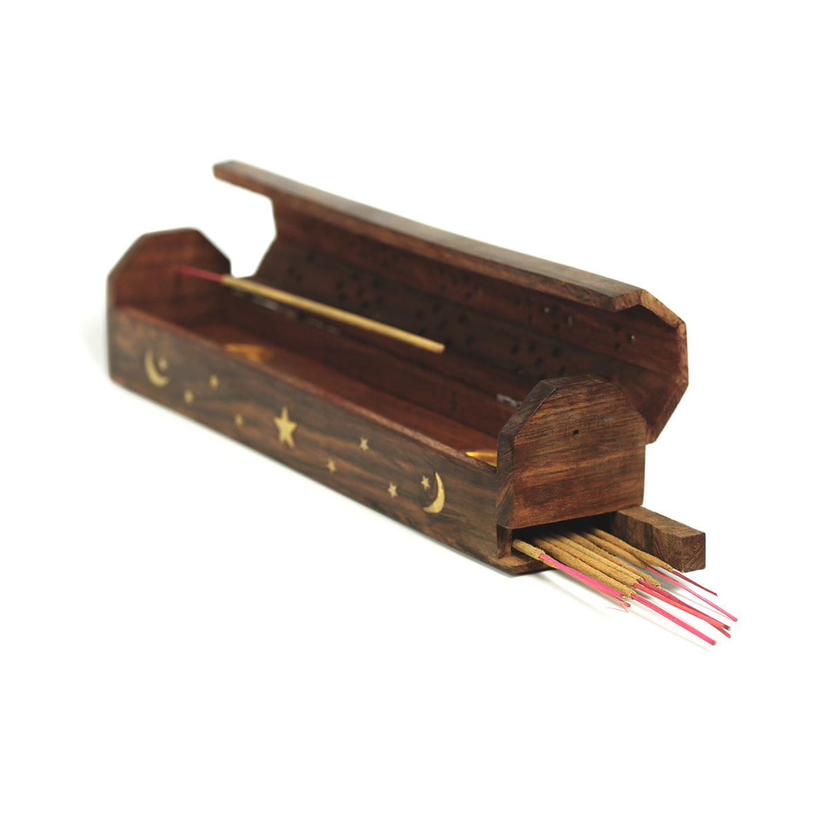 Prabhuji Incense Burner - Wooden Box with Storage - Moon and Star - Mystic Journey Path