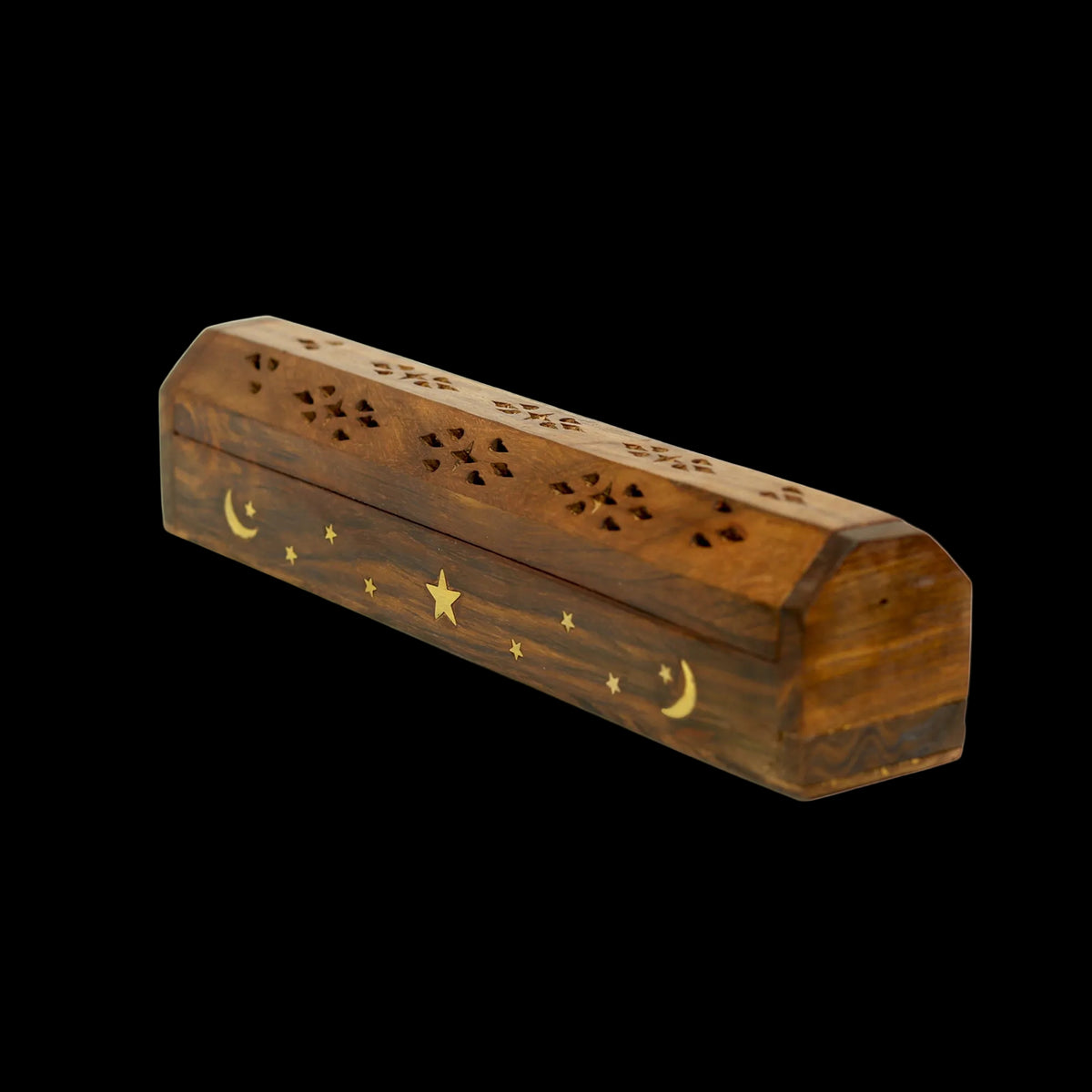 Prabhuji Incense Burner - Wooden Box with Storage - Moon and Star - Mystic Journey Path