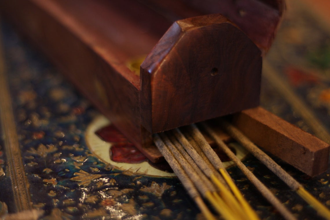 Prabhuji Incense Burner - Wooden Box with Storage - Decorative Jali Cover - Mystic Journey Path