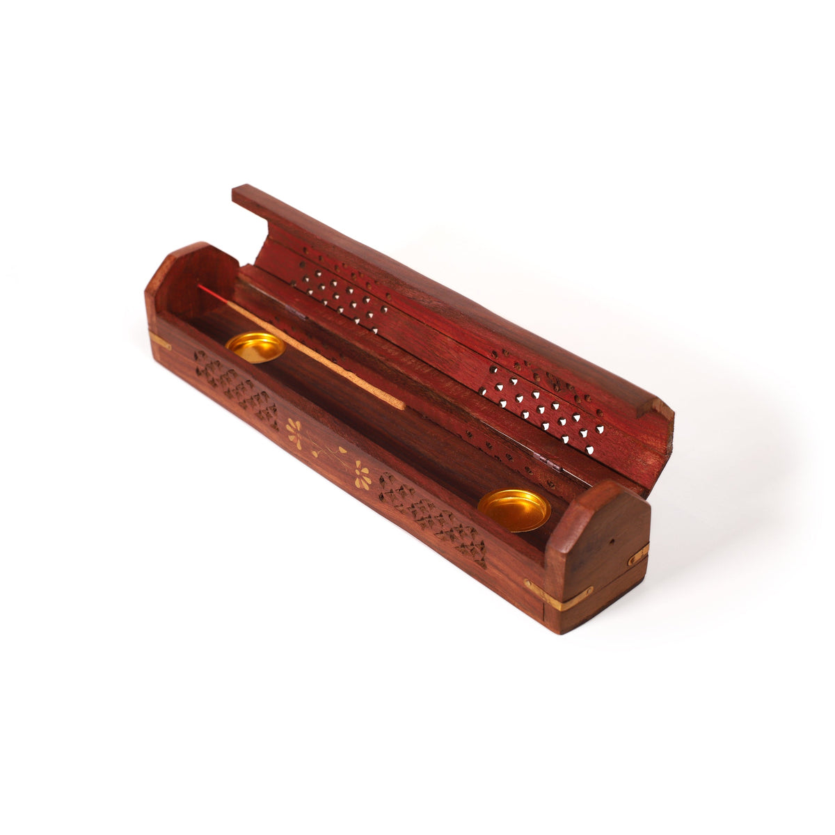 Incense Burner - Wooden Box with Storage - 5 Panel Jali & Flowers -Mystic Journey Path