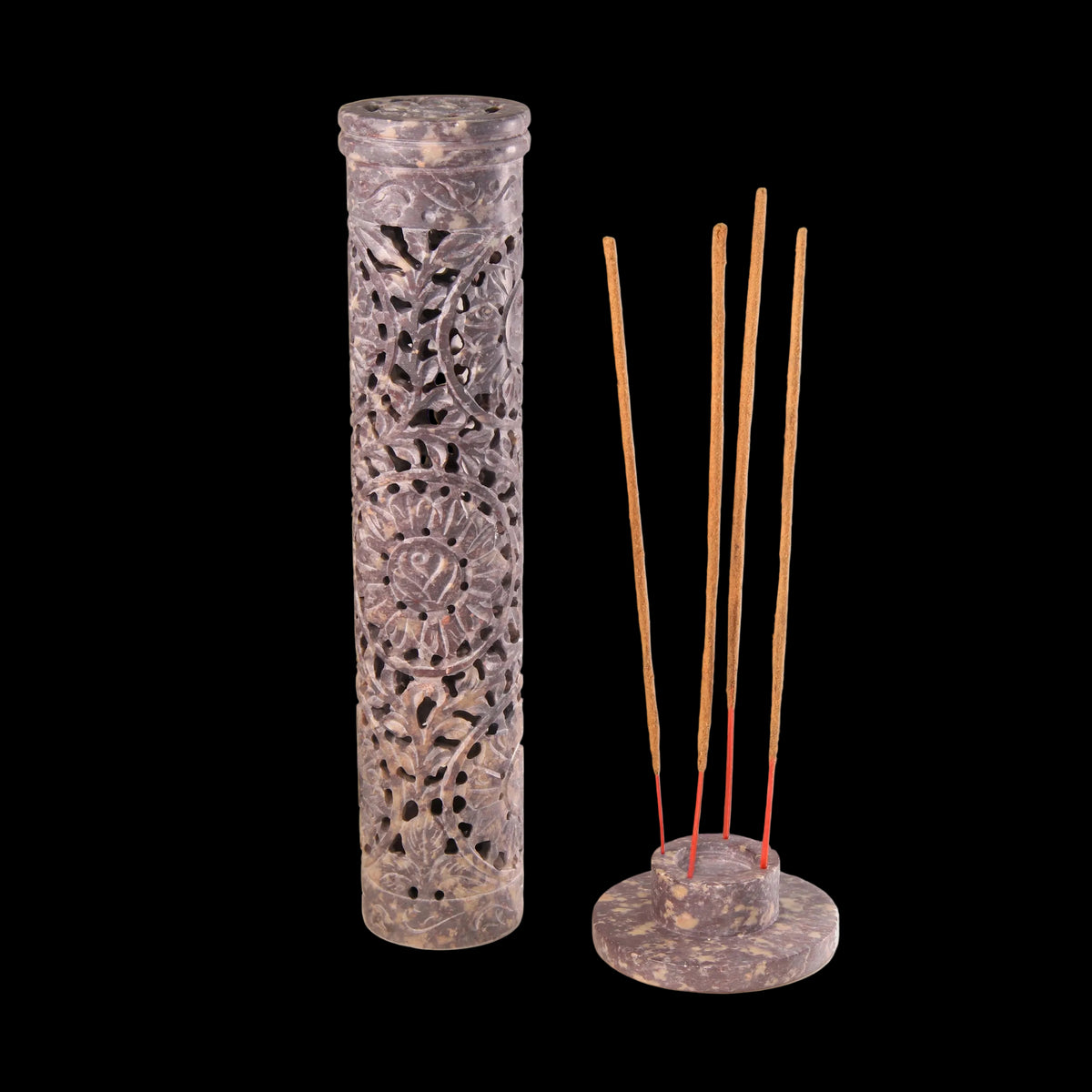 Prabhuji Incense Burner - Soapstone Tower Rose Vine Jali - Mystic Journey Path