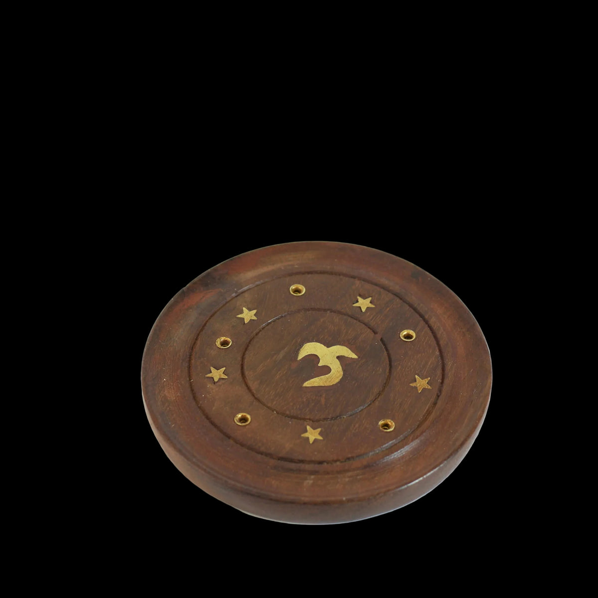Prabhuji's Gifts - Incense Burner - Wooden Round Plate with Om - 4 inches - Mystic Journey Path