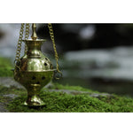 Prabhuji Burner - Hanging Brass Burner, Quatrefoil Jali 5"Hx2.75"D"- Mystic Journey Path