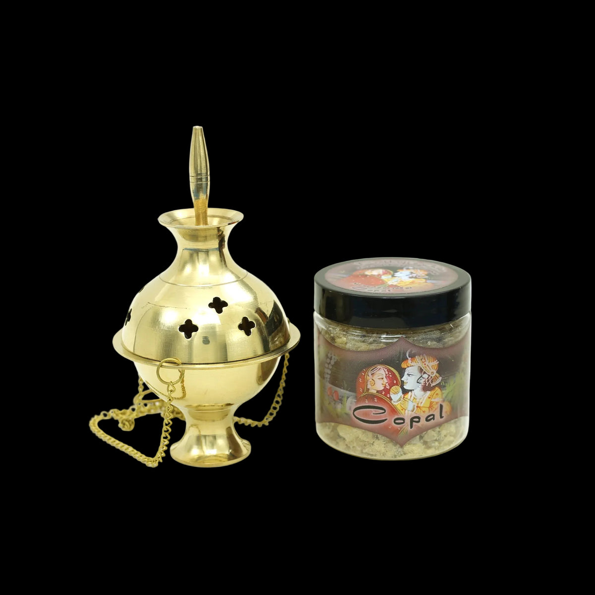 Prabhuji Burner - Hanging Brass Burner, Quatrefoil Jali 5"Hx2.75"D"- Mystic Journey Path
