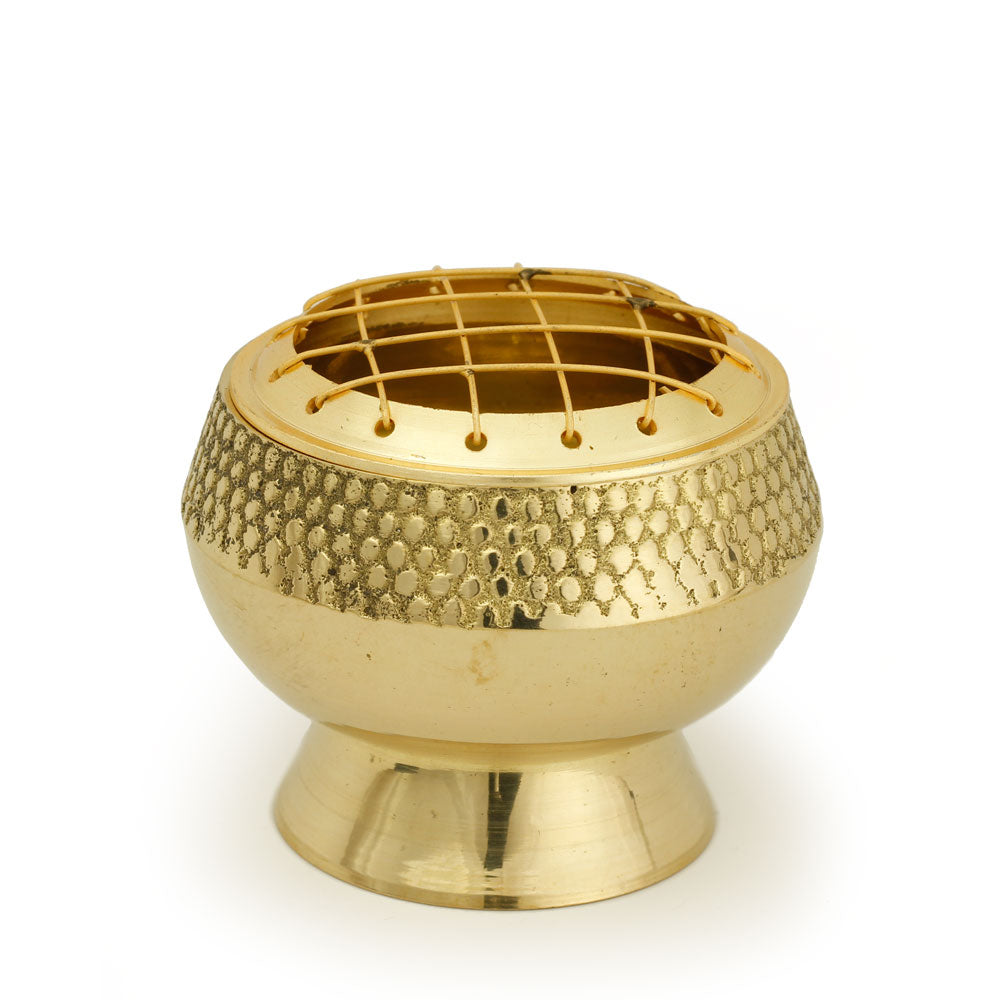 Burner - Embossed Brass Burner, Medium Base, Net Top 2.25"Hx2.5"D - Wholesale and Retail Prabhuji's Gifts  - Mystic Journey Path