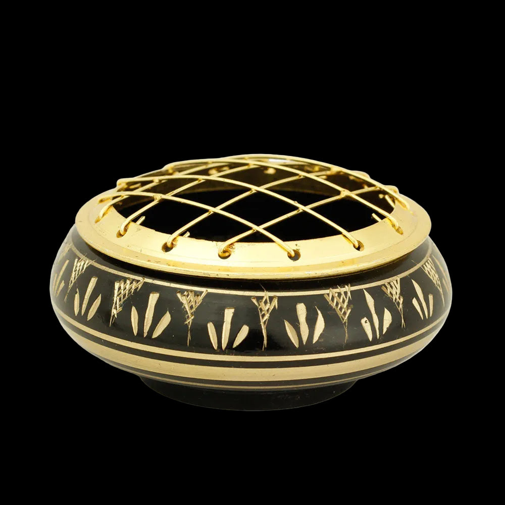 Burner - Black Brass Burner, Low Base, Fern Engraving, Net Top 1.25"Hx2.75"D - Wholesale and Retail Prabhuji's Gifts   - Mystic Journey Path
