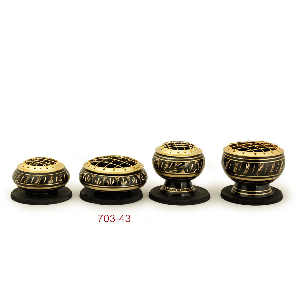 Burner - Black Brass Burner, Low Base, Fern Engraving, Net Top 1.25"Hx2.75"D - Wholesale and Retail Prabhuji's Gifts   - Mystic Journey Path