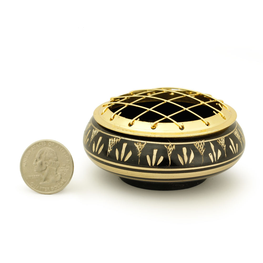 Burner - Black Brass Burner, Low Base, Fern Engraving, Net Top 1.25"Hx2.75"D - Wholesale and Retail Prabhuji's Gifts   - Mystic Journey Path