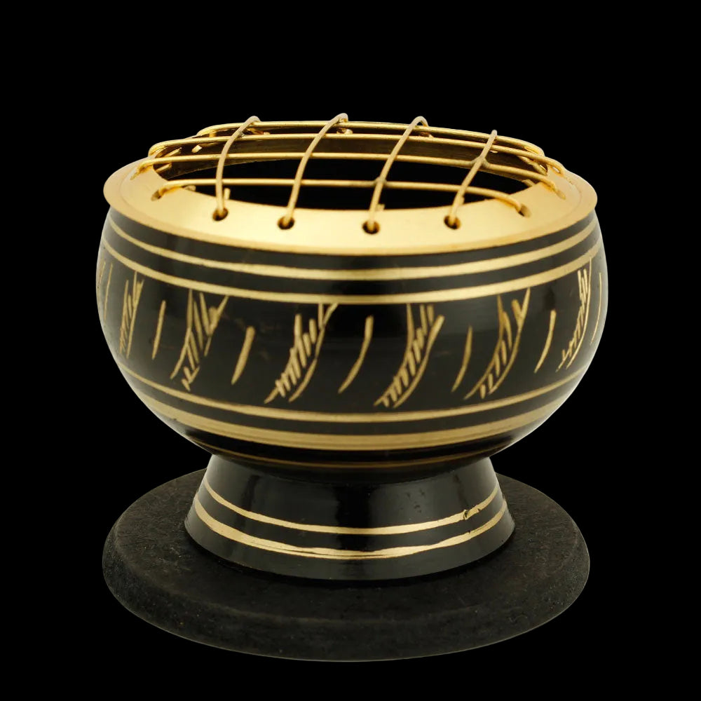 Burner - Black Brass Burner, Medium Base, Feather Engraving, Net Top 2"Hx2.5"D - Wholesale and Retail Prabhuji's Gifts  - Mystic Journey Path