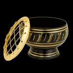 Burner - Black Brass Burner, Medium Base, Feather Engraving, Net Top 2"Hx2.5"D - Wholesale and Retail Prabhuji's Gifts  - Mystic Journey Path