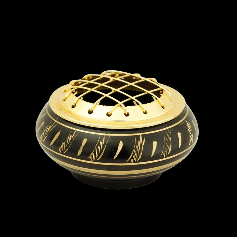 Burner - Black Brass Burner, Low Base, Feather Engraving, Net Top 1.25"Hx2.25"D - Wholesale and Retail Prabhuji's Gifts  - Mystic Journey Path