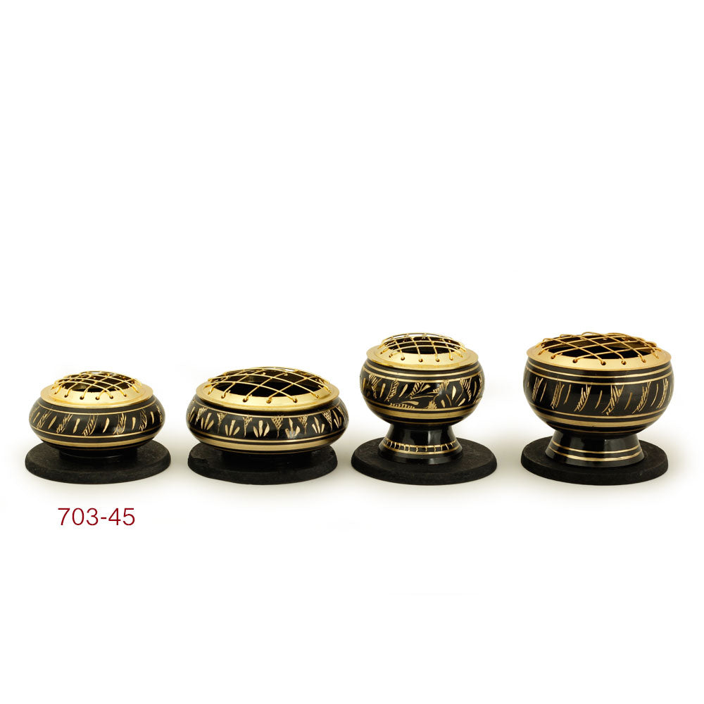 Burner - Black Brass Burner, Low Base, Feather Engraving, Net Top 1.25"Hx2.25"D - Wholesale and Retail Prabhuji's Gifts  - Mystic Journey Path
