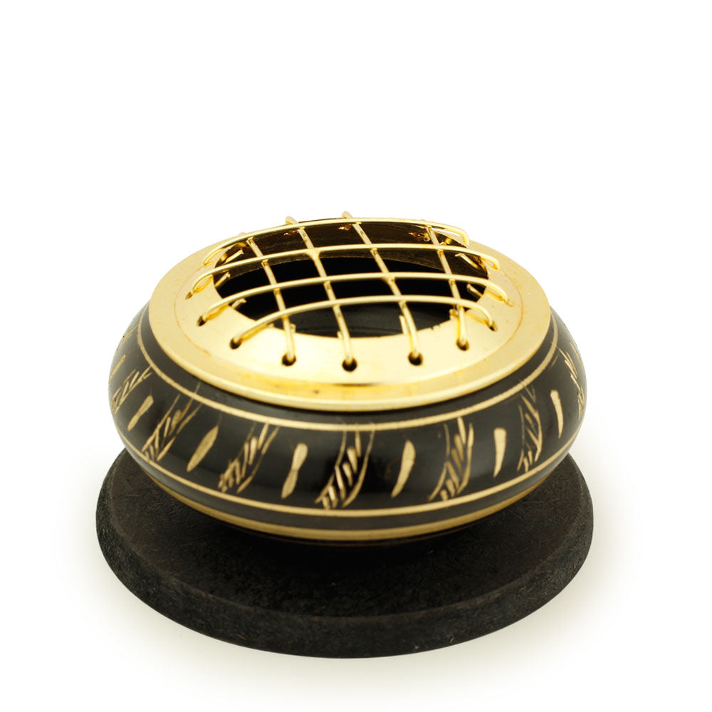 Burner - Black Brass Burner, Low Base, Feather Engraving, Net Top 1.25"Hx2.25"D - Wholesale and Retail Prabhuji's Gifts  - Mystic Journey Path