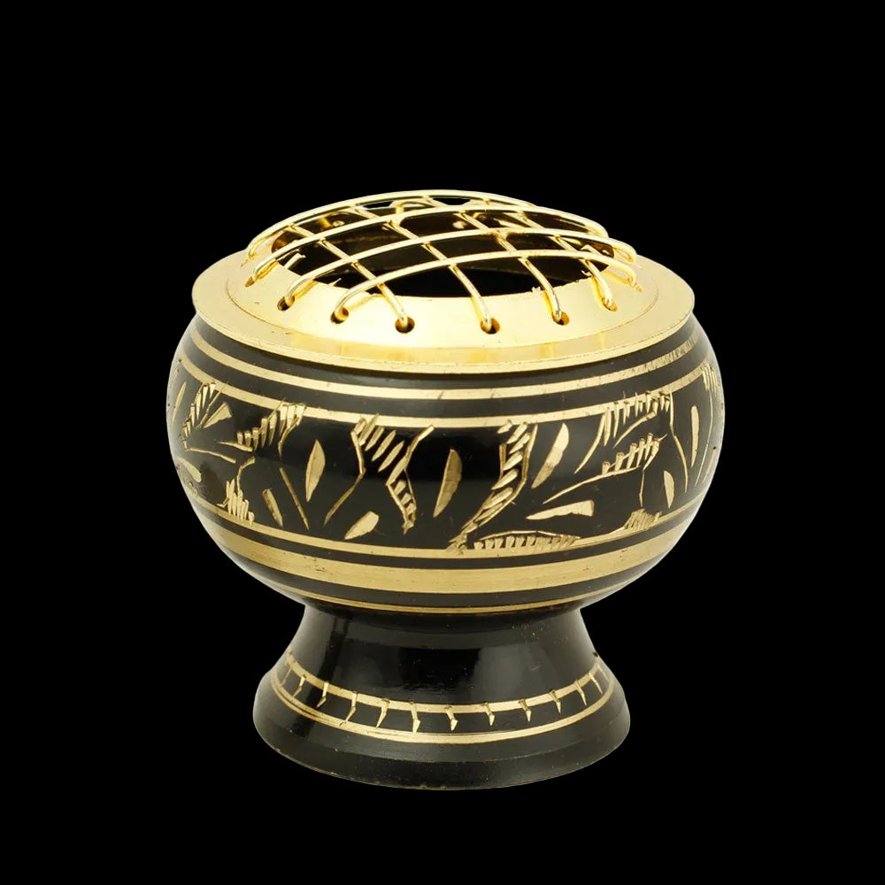 Burner - Black Brass Burner, Medium Base, Fern Engraving, Net Top 2"Hx2"D - Wholesale and Retail Prabhuji's Gifts   - Mystic Journey Path