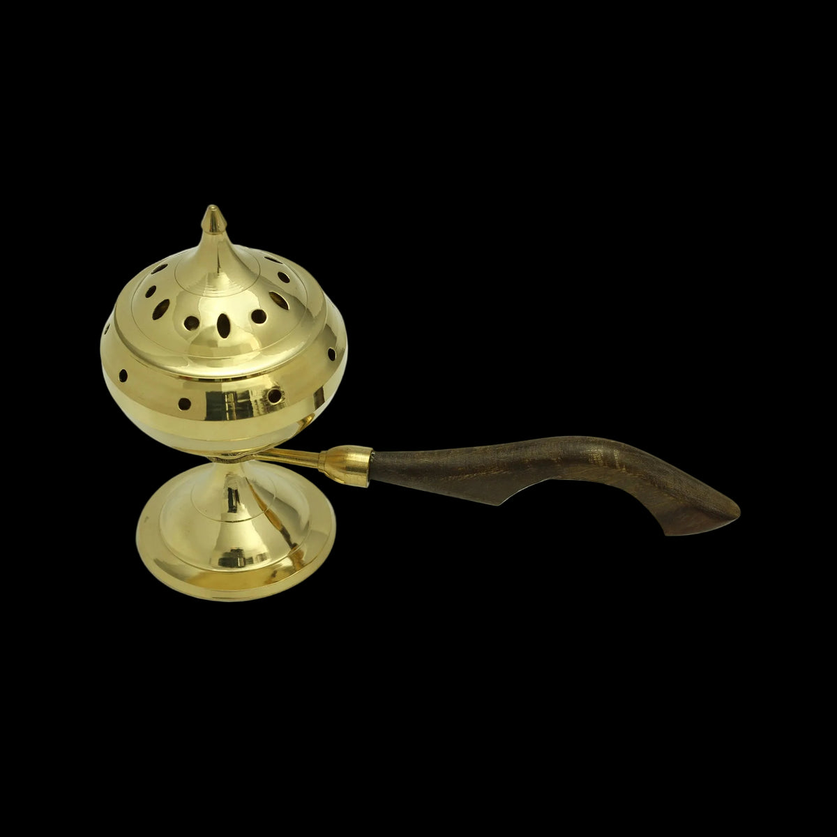 Prabhuji Burner - Brass Burner Large with Wood Handle 6.5"Hx3.5"Dx9.5"L - Mystic Journey Path