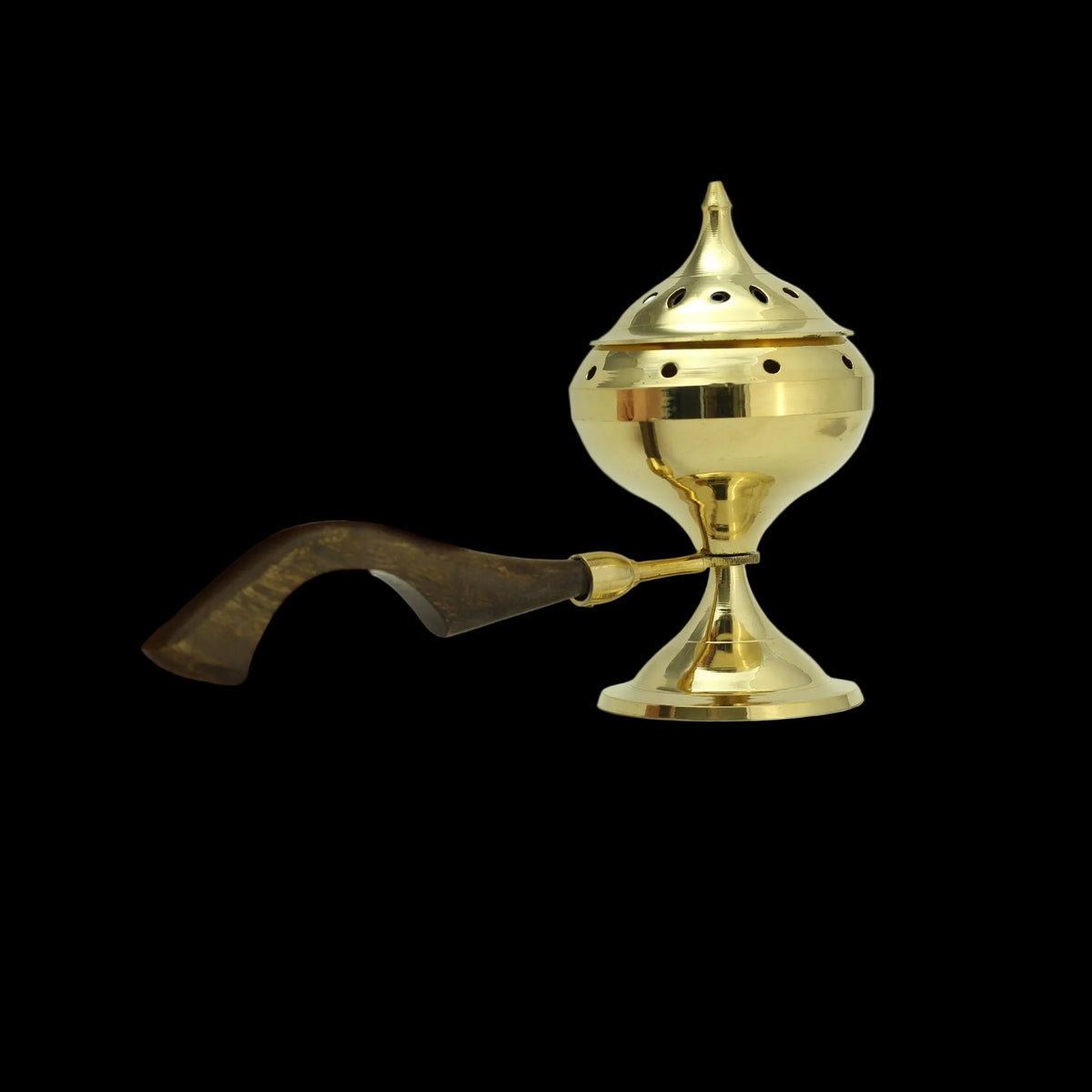 Prabhuji Burner - Brass Burner Large with Wood Handle 6.5"Hx3.5"Dx9.5"L - Mystic Journey Path