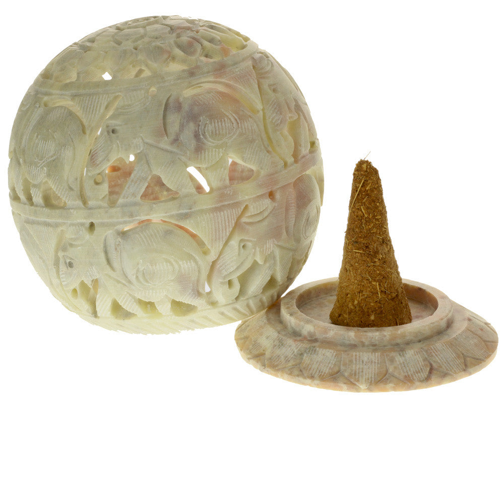 Burner for Cones and Candle Holder - Soapstone Carved T-Lite Ball - Elephant 3.5 inches - Wholesale and Retail Prabhuji's Gifts - Mystic Journey Path