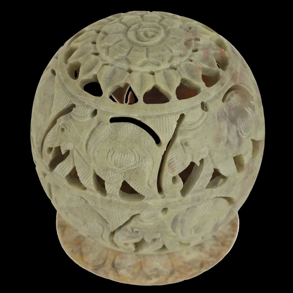 Burner for Cones and Candle Holder - Soapstone Carved T-Lite Ball - Elephant 3.5 inches - Wholesale and Retail Prabhuji's Gifts - Mystic Journey Path