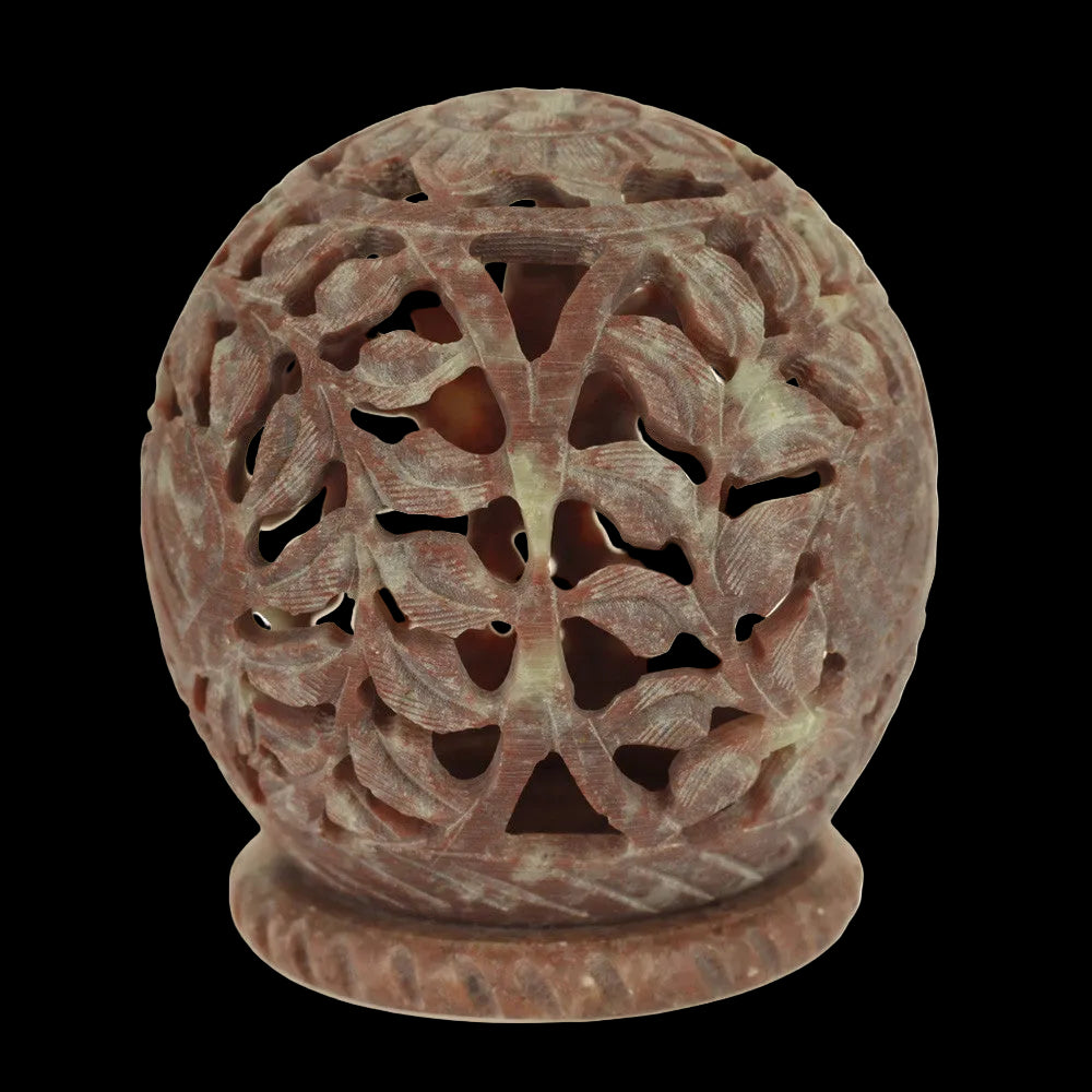 Burner for Cones and Candle Holder - Soapstone Carved T-Lite Ball - Leaves 3 inches - Wholesale and Retail Prabhuji's Gifts - Mystic Journey Path