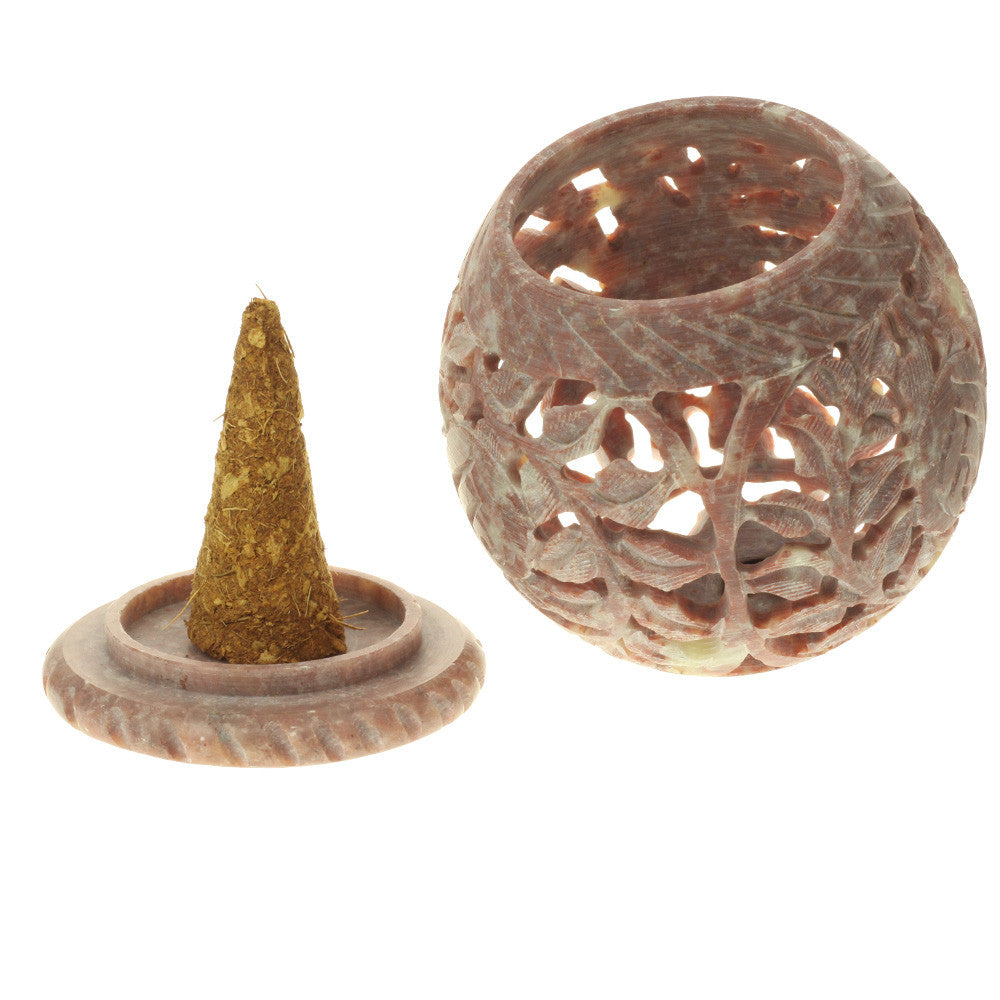 Burner for Cones and Candle Holder - Soapstone Carved T-Lite Ball - Leaves 3 inches - Wholesale and Retail Prabhuji's Gifts - Mystic Journey Path