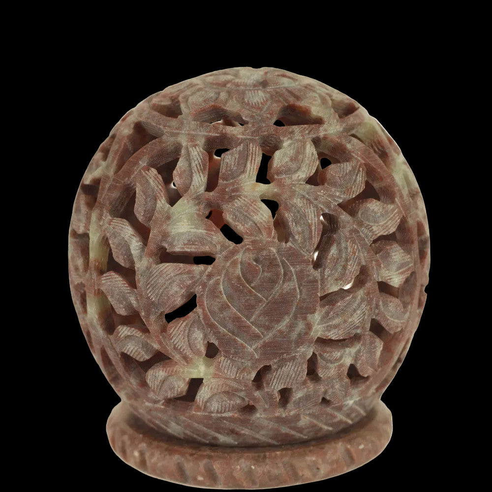 Burner for Cones and Candle Holder - Soapstone Carved T-Lite Ball - Leaves 3 inches - Wholesale and Retail Prabhuji's Gifts - Mystic Journey Path