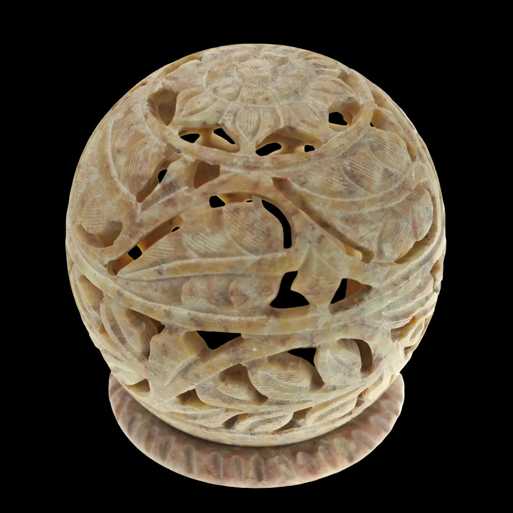 Burner for Cones and Candle Holder - Soapstone Carved T-Lite Ball - Large leaves 3 inches - Wholesale and Retail Prabhuji's Gifts - Mystic Journey Path
