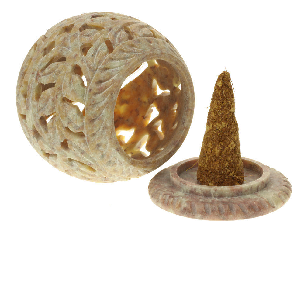 Burner for Cones and Candle Holder - Soapstone Carved T-Lite Ball - Large leaves 3 inches - Wholesale and Retail Prabhuji's Gifts - Mystic Journey Path