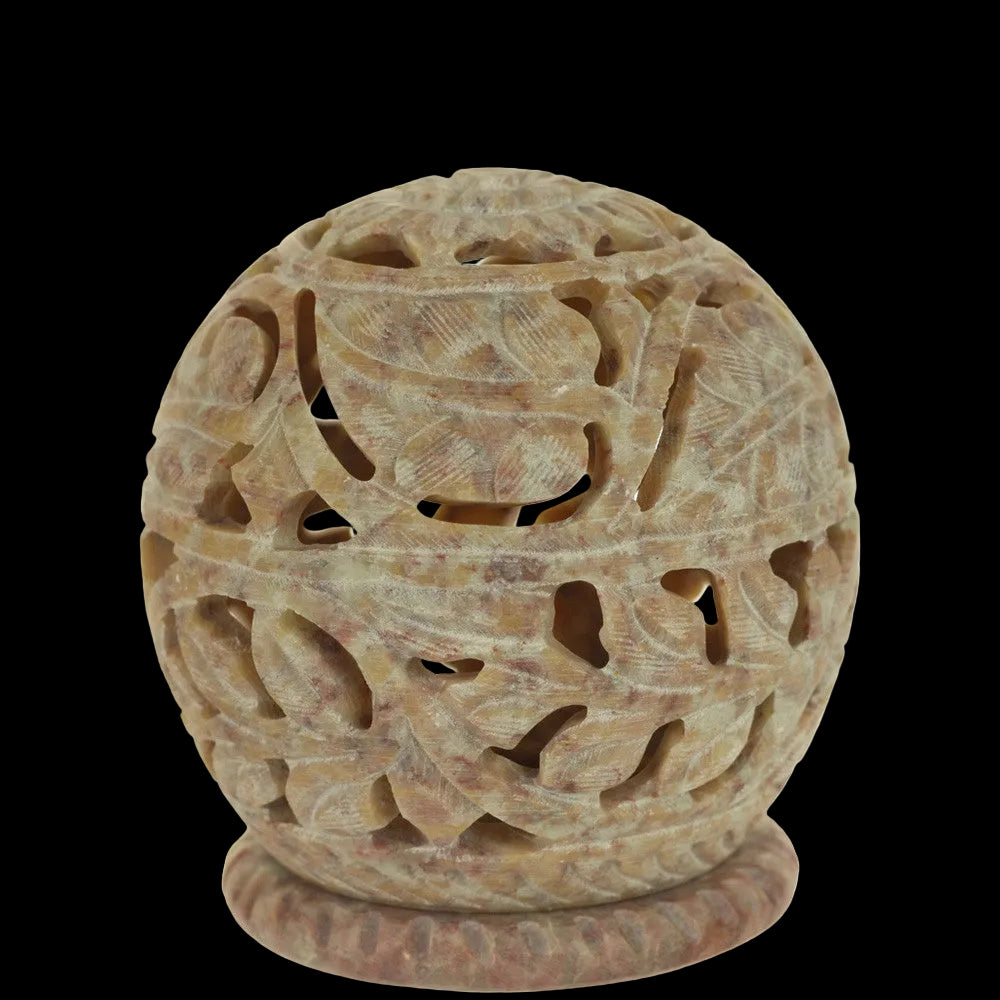 Burner for Cones and Candle Holder - Soapstone Carved T-Lite Ball - Large leaves 3 inches - Wholesale and Retail Prabhuji's Gifts - Mystic Journey Path