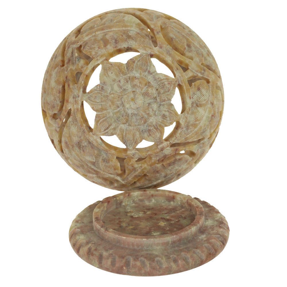 Burner for Cones and Candle Holder - Soapstone Carved T-Lite Ball - Large leaves 3 inches - Wholesale and Retail Prabhuji's Gifts - Mystic Journey Path