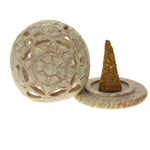 Burner for Cones and Candle Holder - Soapstone Carved T-Lite Ball - Flowers 3 inches - Wholesale and Retail Prabhuji's Gifts - Mystic Journey Path