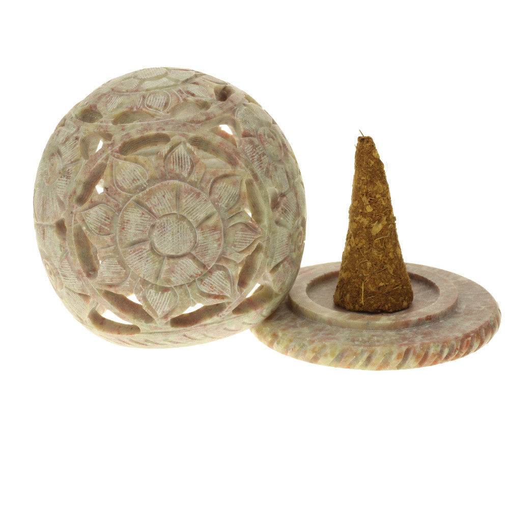 Burner for Cones and Candle Holder - Soapstone Carved T-Lite Ball - Flowers 3 inches - Wholesale and Retail Prabhuji's Gifts - Mystic Journey Path