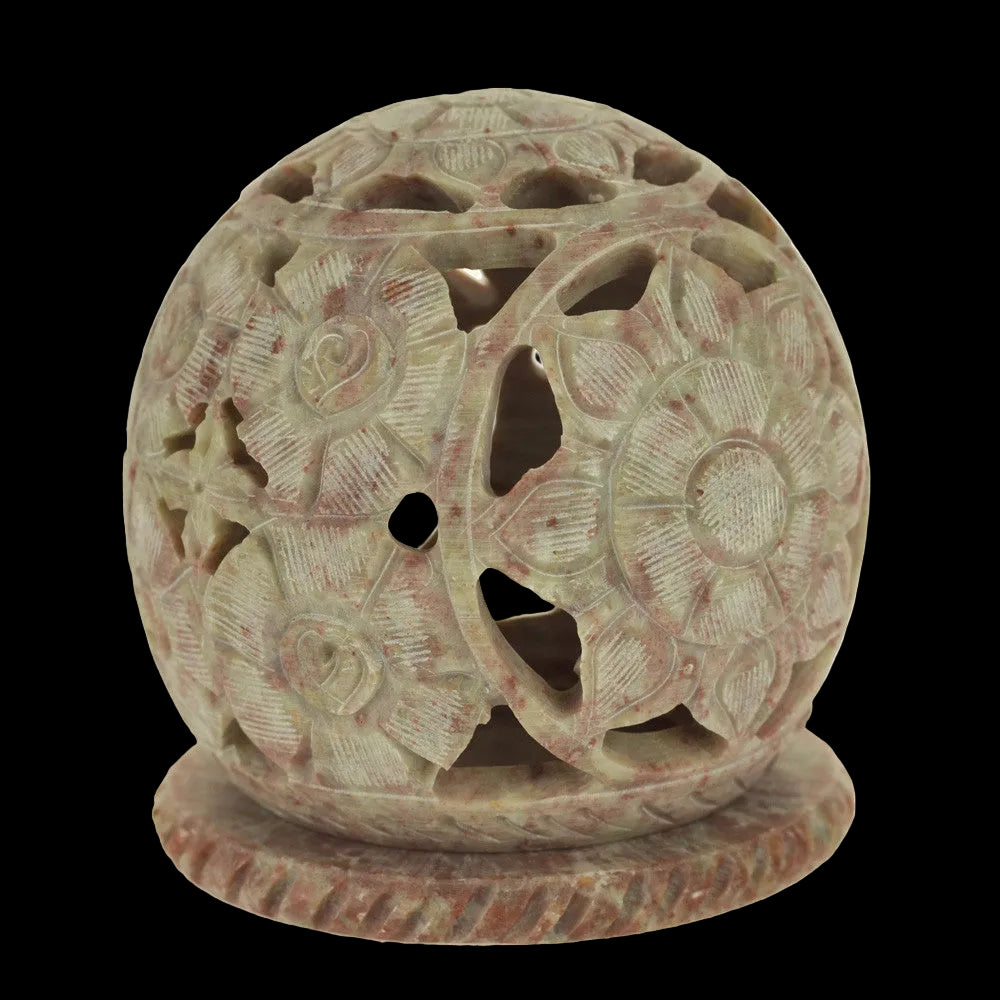 Burner for Cones and Candle Holder - Soapstone Carved T-Lite Ball - Flowers 3 inches - Wholesale and Retail Prabhuji's Gifts - Mystic Journey Path