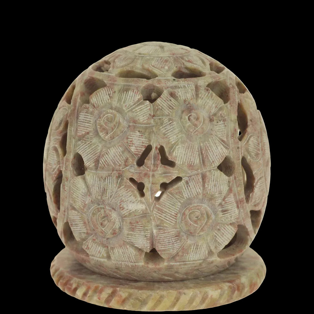 Burner for Cones and Candle Holder - Soapstone Carved T-Lite Ball - Flowers 3 inches - Wholesale and Retail Prabhuji's Gifts - Mystic Journey Path