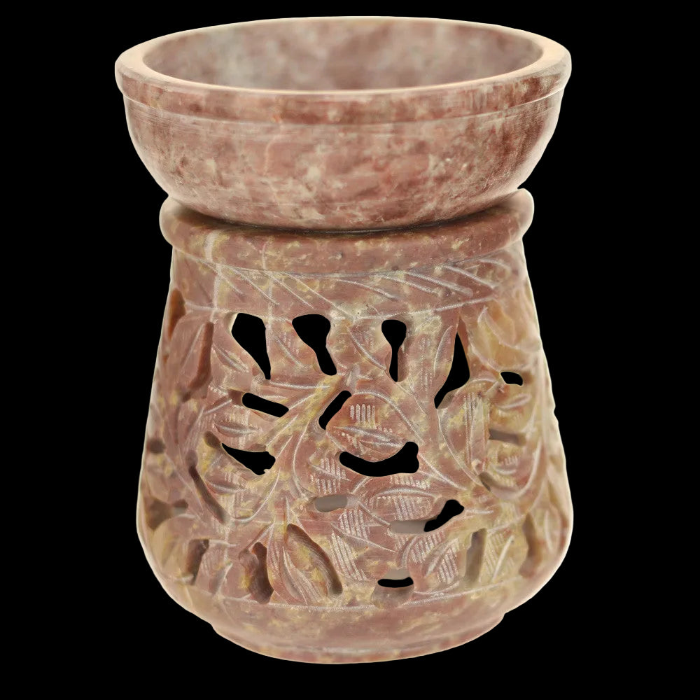 Oil Diffuser - Natural Soapstone Oil Burner Round Leaves 4" - Wholesale and Retail Prabhuji's Gifts  - Mystic Journey Path