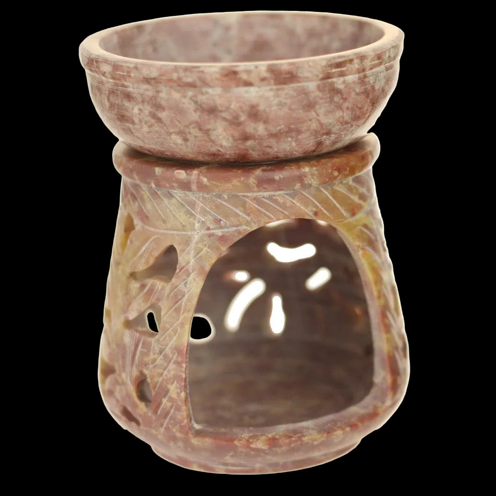 Oil Diffuser - Natural Soapstone Oil Burner Round Leaves 4" - Wholesale and Retail Prabhuji's Gifts  - Mystic Journey Path