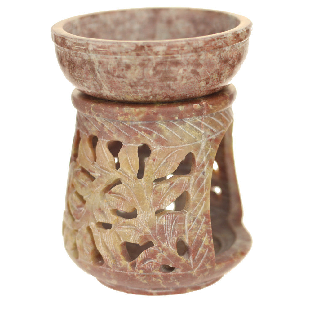 Oil Diffuser - Natural Soapstone Oil Burner Round Leaves 4" - Wholesale and Retail Prabhuji's Gifts  - Mystic Journey Path