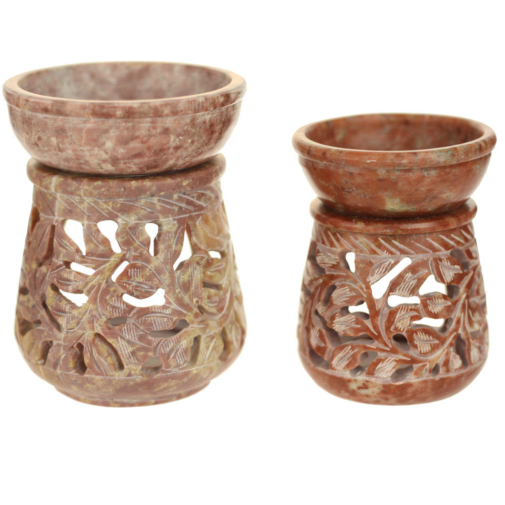 Oil Diffuser - Natural Soapstone Oil Burner Round Leaves 4" - Wholesale and Retail Prabhuji's Gifts  - Mystic Journey Path
