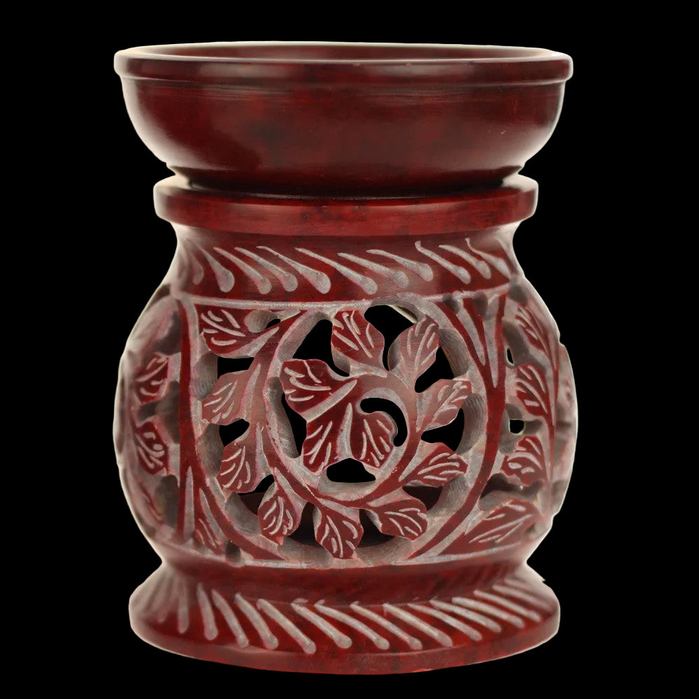 Prabhuji Oil Diffuser - Red Soapstone Oil Burner Round leaves 4"  - Mystic Journey Path