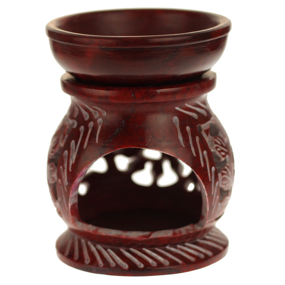 Prabhuji Oil Diffuser - Red Soapstone Oil Burner Round leaves 4"  - Mystic Journey Path