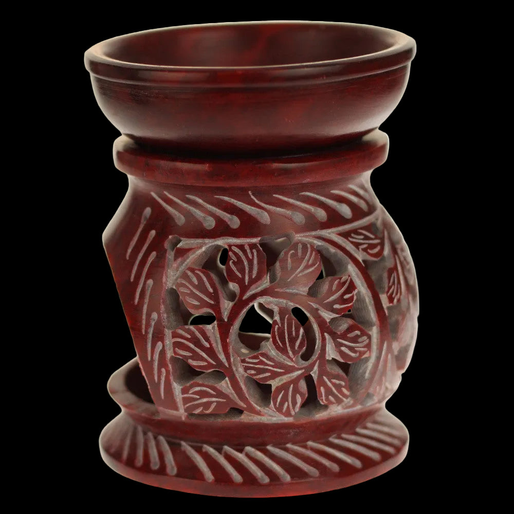Prabhuji Oil Diffuser - Red Soapstone Oil Burner Round leaves 4"  - Mystic Journey Path