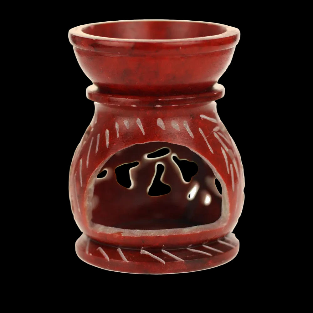 Oil Diffuser - Red Soapstone Oil Burner Round leaves 3.25" - Wholesale and Retail Prabhuji's Gifts  - Mystic Journey Path