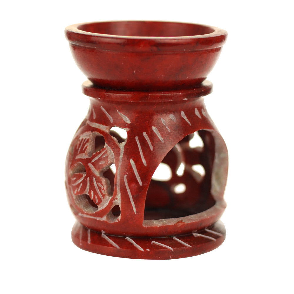 Oil Diffuser - Red Soapstone Oil Burner Round leaves 3.25" - Wholesale and Retail Prabhuji's Gifts  - Mystic Journey Path