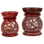 Oil Diffuser - Red Soapstone Oil Burner Round leaves 3.25" - Wholesale and Retail Prabhuji's Gifts  - Mystic Journey Path