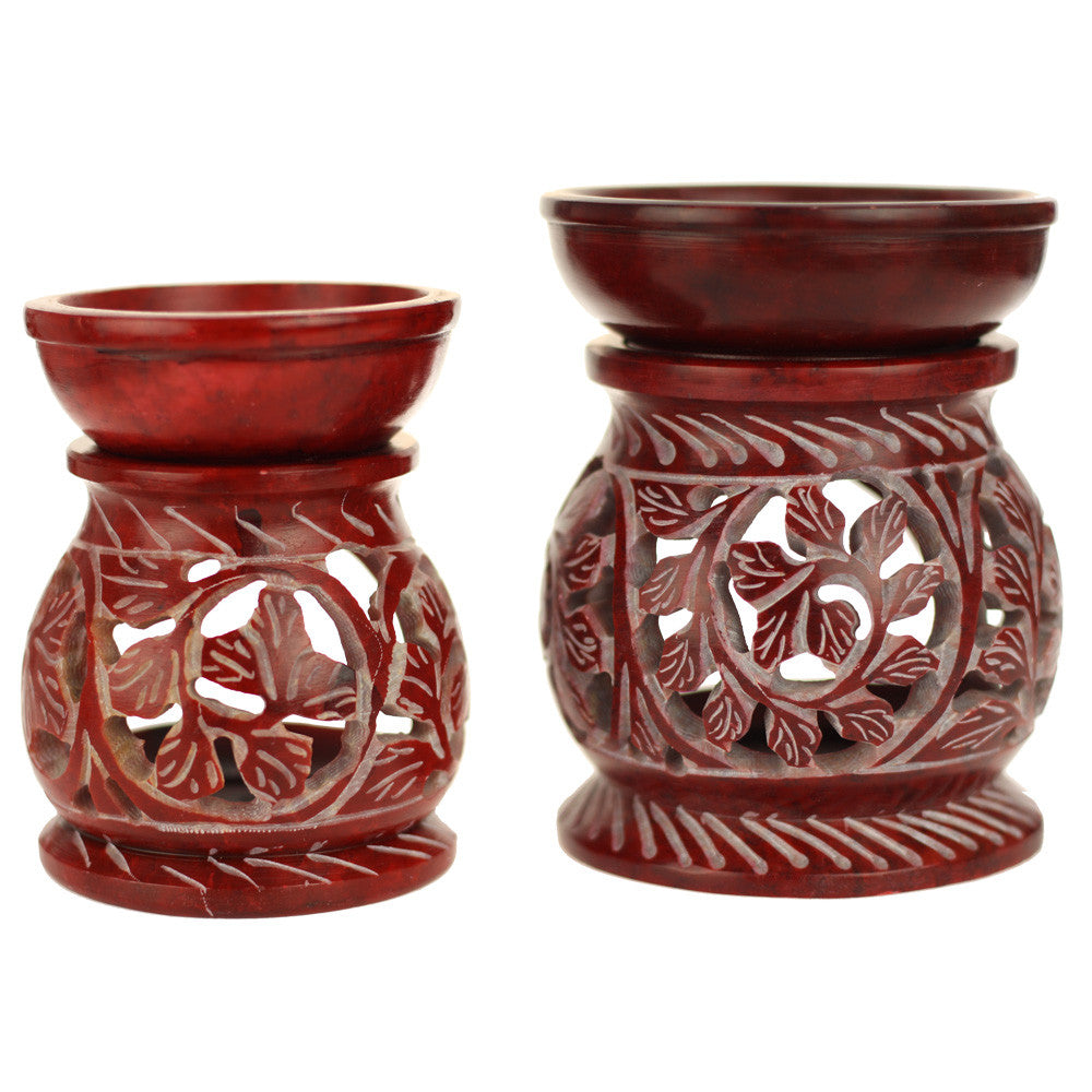 Oil Diffuser - Red Soapstone Oil Burner Round leaves 3.25" - Wholesale and Retail Prabhuji's Gifts  - Mystic Journey Path